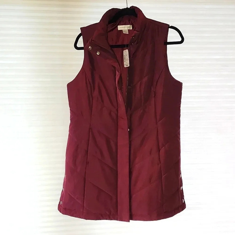 Christopher & Banks Burgundy Quilted Puffer Vest Women's Small Snap Zip Mock - Picture 3 of 5